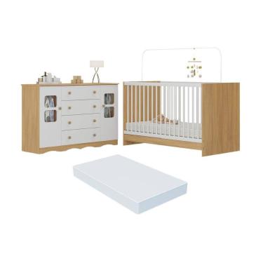 Imagem de Berço 3 em 1 com Colchão Incluso e Cômoda 2 Portas 4 Gavetas Serena Multimóveis MP4757