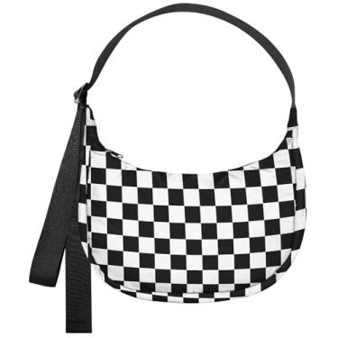 Imagem de Gemfit Bolsa tiracolo crescente feminina - Bolsa de nylon média crescente para mulheres, alça ajustável, fofa, impermeável, para viagens, Tabuleiro de xadrez preto e branco, Xadrez preto e branco