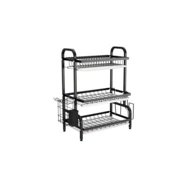 Imagem de Escorredor de Louças 3 Andares, Preto, Metal e Plástico, 61x42x23.5cm, com Porta-Talheres Removível e Bandeja