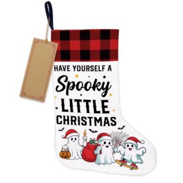 Imagem de TSUYAWU Meia de Natal com tema gótico - Have Yourself a Spooky Little Christmas Xmas meia pendurada para lareira escadas de parede decoração de árvore de Natal 45 x 30 cm