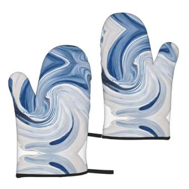 Imagem de Conjunto de 2 peças de luvas isoladas com estampa mural de mármore, resistente ao calor para uso em cozinha e churrasco, à prova d'água.