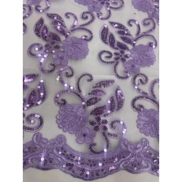 Imagem de Sedona Designz Tecido de renda floral Queen com cordão de 127 cm de largura com lantejoulas – Tecido bordado de malha com bordas recortadas para formatura, vestidos de noiva, decoração e projetos de