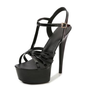 Imagem de Sandália feminina plataforma com tira em T e salto agulha alta, moderna, estilo slingback, bico redondo, sola grossa, salto alto com fivela ajustável no tornozelo para festa de formatura, Preto-15 cm
