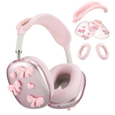 Imagem de Kingdder Capa de silicone com laço rosa compatível com Air Pods Max USB-C (2024) Cute Bow Clear Heart compatível com AirPods Max, capa rosa coquettish antiarranhões à prova de suor para mulheres