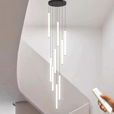 Imagem de Lustre LED moderno para escada de casa, com 9 lâmpadas, lustre longo em espiral, luminária pendente dimerizável de 3000 a 6000K para tetos altos, sala de estar, hall de entrada e corredores
