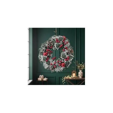 Imagem de Guirlanda Natalina de Porta, Verde, 25cm Diâmetro, com Laço, Tambor, Cereja e Bolas de Natal, Arame e Plástico