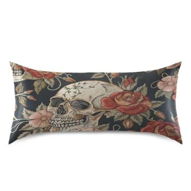 Imagem de JUZIHAI Fronha de almofada de cetim rosa crânio para cabelo e pele, macia, respirável, com fecho de envelope, capa de travesseiro suave e refrescante, tamanho king size 50 x 101 cm