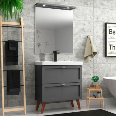 Imagem de Gabinete Para Banheiro Com Cuba E Espelheira 80cm Retro Mdf Grafite Milano - On Móveis