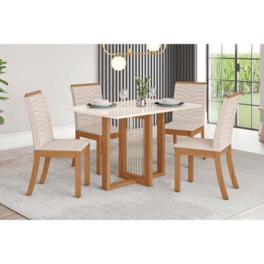 Imagem de Conjunto Mesa De Cozinha Natalí Com Tampo Madeirado Com Vidro Reto 120x80cm E 4 Cadeiras Isa Nature Linho Henn
