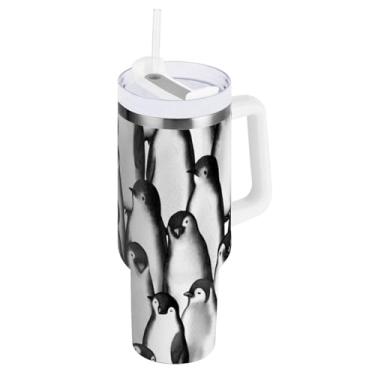 Imagem de ODAWA Copo grande à prova de vazamento, pinguins pretos e brancos de aço inoxidável com canudo e alça