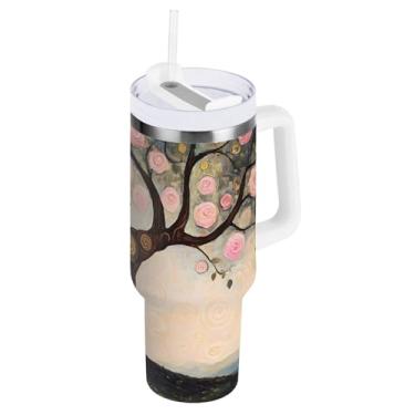 Imagem de ODAWA Copo isolado de aço rosa árvore rosa gato com alça e canudo, copo de água grande