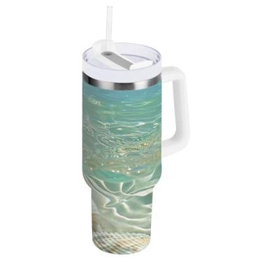 Imagem de ODAWA Copo grande com isolamento de parede dupla, copos isolados de aço inoxidável azul marinho com alça e tampa de canudo