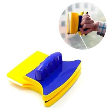 Imagem de Rodo Limpa Vidros Magnético Dupla Face, Amarelo e Azul, Fibra Sintética, 11x11x5cm, com Corda 160cm