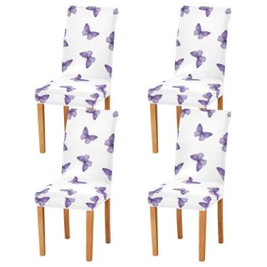 Imagem de Capa de cadeira branca com borboletas roxas, conjunto de 2 capas de cadeira de jantar laváveis removíveis para casa, hotel, banquete
