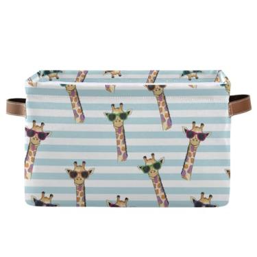 Imagem de Cestas de armazenamento de 36 cm com alças – cesto de roupa suja de tecido de lona para escritório em casa, quarto, girafa fofa azul e branca, 1 pacote