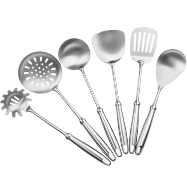 Imagem de Conjunto de utensílios de cozinha de aço inoxidável, conjunto de 6 utensílios de cozinha de metal, colher grande, colher de espaguete, espátula wok, escumadeira, concha de sopa, etc. (pode ser lavado