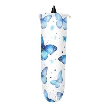 Imagem de Borboletas azuis em branco 2 unidades de suporte de sacola de supermercado, bolsa de compras para pendurar na parede, armazenamento de saco plástico de cozinha