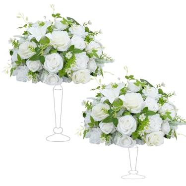Imagem de Angela flower 2 peças de centro de mesa de 38 cm decorações de mesa brancas e verdes flores artificiais bolas de rosas para centro de mesa de casamento buquê de festa arranjo floral falso (sem suporte