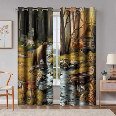 Imagem de HIYSMT Cortinas Rústicas de Vida Selvagem, Urso, Veado, Crepúsculo, Floresta, Animal, Cortina Blackout para Quarto, Cortinas de Caça de Casa de Fazenda de 13,4 cm para Decoração de Quarto 2 Painéis