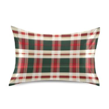 Imagem de ALAZA Fronhas de cetim xadrez vermelho verde e branco tartã tamanho padrão fronhas com fecho de envelope, 51 x 66 cm