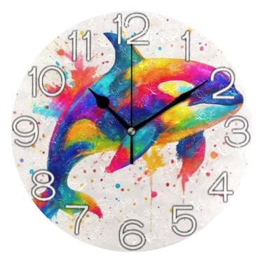 Imagem de GAIGEO Relógio de parede analógico decorativo quarto cozinha relógio operado a bateria, decoração de parede de casa de fazenda moderna, tie dye golfinho colorido, 25 cm, ponteiros dourados