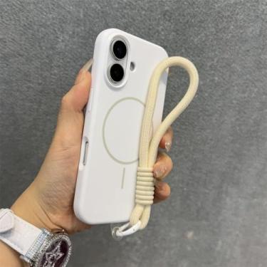 Imagem de Capa de silicone líquido para iPhone 16, 11, 12, 13, 14, 15 Pro Max, 16 Plus, alça de pulso, cordão magnético, branca, para iPhone 15 Pro