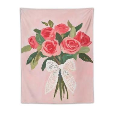 Imagem de Tapeçaria vintage para casais, vestido rosa, chapéu fedora, pétala, fundo macio, pintura a óleo, decoração romântica, decoração de casa para sala de estar, quarto, peça estética nostálgica, tapeçaria