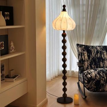 Imagem de Luminária de chão em estilo medieval com estampa em tecido - Luminária alta com corpo em madeira preta, lâmpada E27, dimmer de 3 cores, interruptor de pé para sala de estar, sala de jantar,