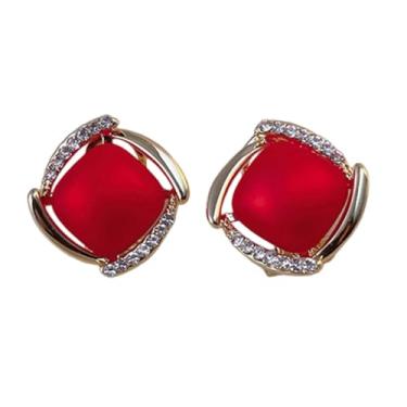 Imagem de FLORA Brincos de metal quadrados com pino para mulheres brincos de pino retrô da moda (Vermelho)