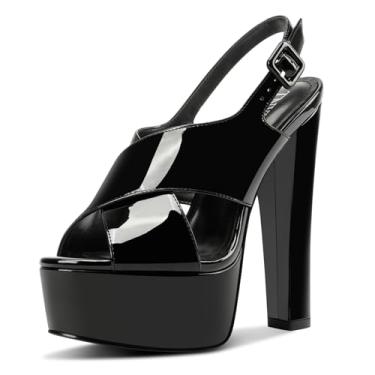 Imagem de TNYNFBEB Sandália feminina de salto plataforma alta com bloco grosso, bico aberto, fivela cruzada, vestido de formatura, básico, clássico, couro envernizado, verão, 14 cm, salto, Preto, 36