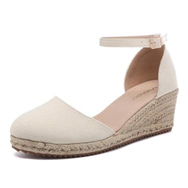 Imagem de Mintzice Sandália feminina de bico fechado sólida cruzada, tira no tornozelo, alpargata, cunha, alpargata, Bege puro, 37