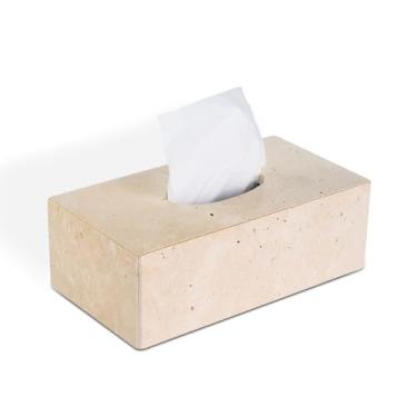 Imagem de HAMAKAWA Capa de caixa de lenços de mármore natural, organizador de lenços bege C 25 x L 14 x A 8,5 cm, caixa decorativa de pedra pesada, suporte quadrado para decoração de casa, cozinha, banheiro