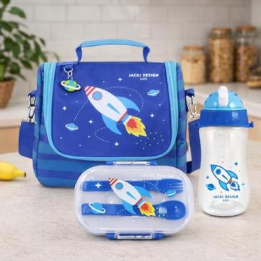 Imagem de Kit Bolsa Térmica Infantil e Marmita Lancheira com Garrafinha Para Merenda, Escola, Piquenique Passeio e Diversão Alegria das Crianças (Azul Foguete)
