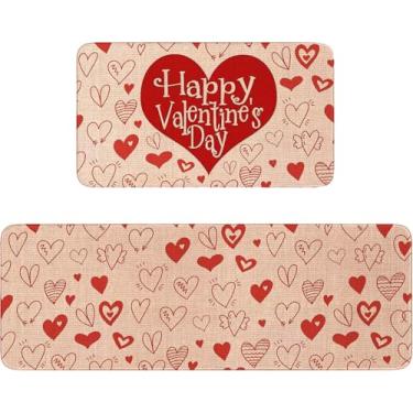 Imagem de Tapetes de cozinha Begie Hearts Happy Valentine's Day Conjunto de 2 tapetes temáticos de juta romântica para chão de cozinha com suporte antiderrapante e sensação confortável para os pés
