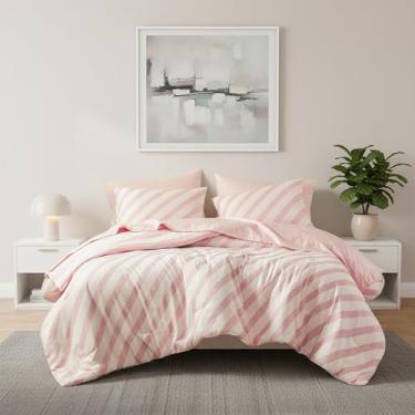 Imagem de Jogo de cama casal listrado reversível em uma bolsa, 7 peças com design de listras de dupla face - jogo de cama quente e aconchegante inclui edredom de tamanho casal, conjunto de lençóis, fronhas e