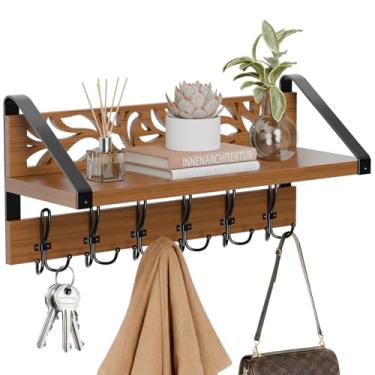 Imagem de WGFKVAS Suporte de parede 2 em 1 com prateleira e 6 ganchos duplos com prateleira, organizador de madeira marrom rústico de 38 cm para entrada, sala de estar, quarto, corredor