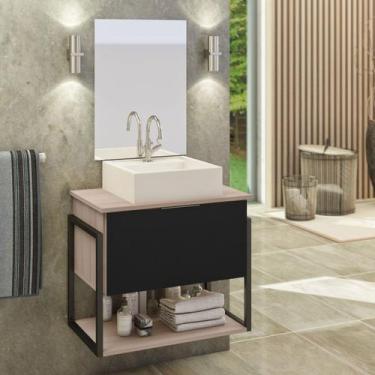 Imagem de Kit Gabinete Banheiro Industrial TECH 60cm Madeirado/ Preto (gabinete 