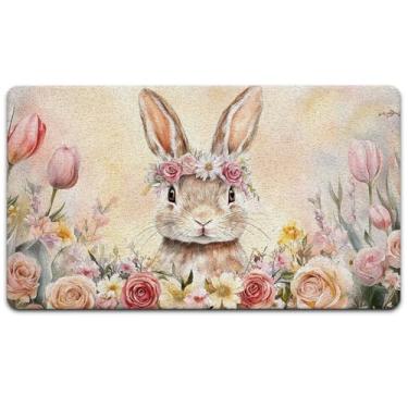 Imagem de Exqcom Tapete de porta coelhinho da Páscoa, tapete floral de primavera, entrada interna e externa, tapete de boas-vindas de coelho de flores da primavera para porta da frente externa, 43 x 76 cm