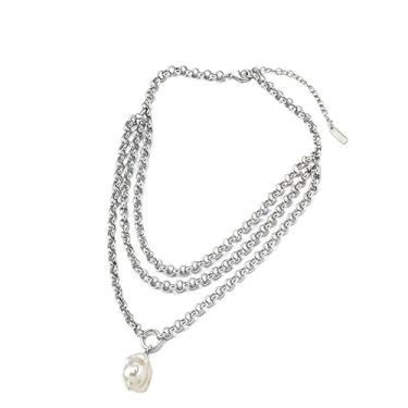 Imagem de Colares grossos de ouro com pingente de pérola, colar delicado de corrente de pérolas grandes para mulheres, colar de prata empilhado, Medium, Latão, Sem Pedra Preciosa
