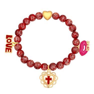 Imagem de Tobestu Pulseira feminina com contas coloridas, design elástico elástico com símbolo rosa de coração de amor, joia fofa e moderna para o dia a dia, Medium, Metal, Sem Pedra Preciosa