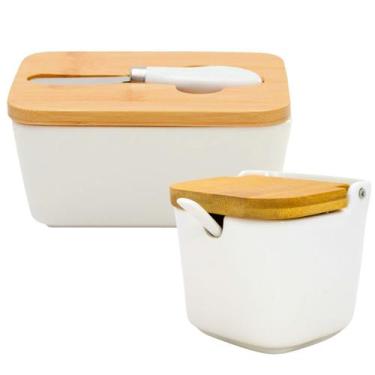 Imagem de Kit de manteigueira porcelana com tampa bambu e espatula + saleiro lyo