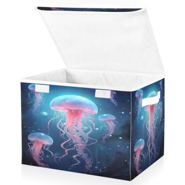 Imagem de Blueangle Cestos de armazenamento de água-viva brilhante com tampas, 42 x 32 x 30 cm, grande cesta organizadora dobrável para decoração de escritório e armário (581)