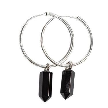Imagem de Brinco Prata 950 Pontinha na Argola Pedra Obsidiana Negra - Varejo