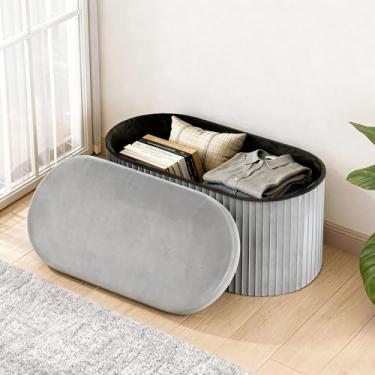 Imagem de GLAXYFUR Banco otomano oval de armazenamento, descanso para os pés de veludo, baú dobrável de 76 cm para sala de estar, quarto, cinza