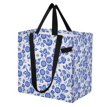 Imagem de SEHANY Sacolas de compras reutilizáveis de porcelana azul e branca com alças reforçadas, bolsa de compras de lona dobrável à prova d'água de grande capacidade para viagem, cozinha, praia