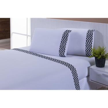 Imagem de Jogo Lençol Viúva 4 Peças 203x120x35 100% Algodão 300 Fios Estampado Branco Barrado Chevron