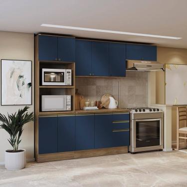 Imagem de Armário de Cozinha Completa 100% MDF 270cm Nogueira/Azul Profundo Celeste Kappesberg