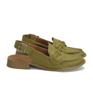 Imagem de Mocassim Slingback Couro Verde Laço Solado 2,5cm Ana Mello
