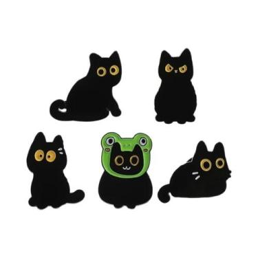 Imagem de Broche De Esmalte Gato Preto Desenho Animado Olhos Grandes Gatinho Ani