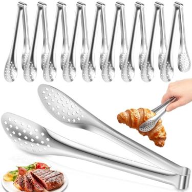 Imagem de Pinças de servir, pacote com 10 pinças de buffet de aço inoxidável prata de 17 cm, pinça resistente ao calor para salada, gelo, cozinhar, pão, frutas, churrasco